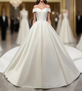 White Off Shoulder Satin Long Prom Dresses, White Evening Dresses, White Wedding Dresses, White Formal Dresses